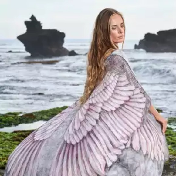 Amethyst Sheer Chiffon Angel Wings Feather Kaftan - Picture 2 of 4